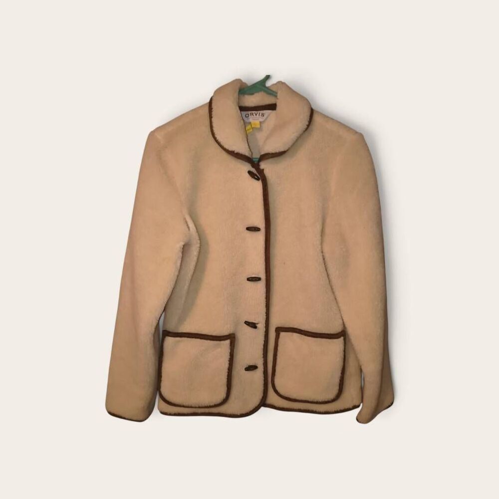 Vintage Orvis yellow faux fleece jacket brown contrast piping toggle buttons co